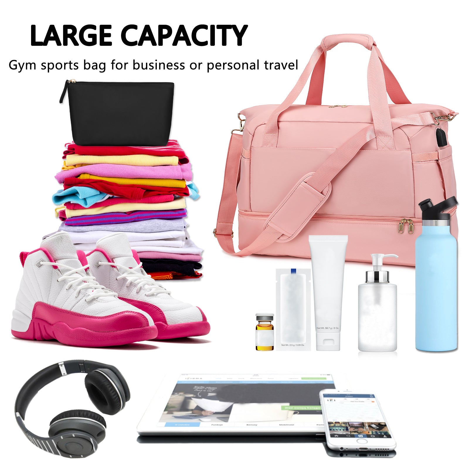 Women’s Gym Bag with USB Charging Port ⚡ Travel Duffel Weekender with Wet Pocket & Shoe Compartment