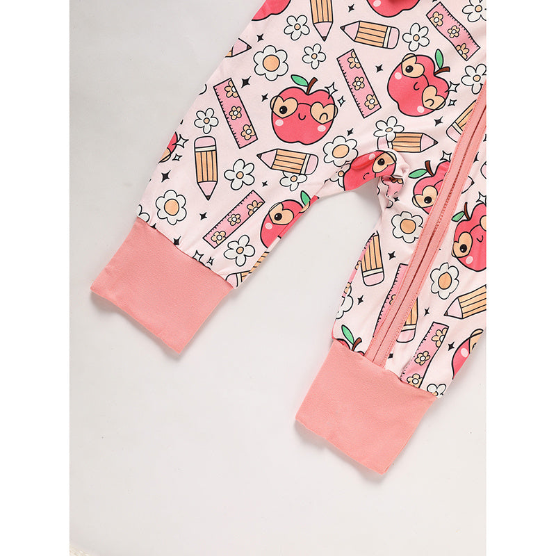 Adorable Infant Back-to-School Romper 🍎✏️ Apple & Pencil Print Long Sleeve Jumpsuit 👶