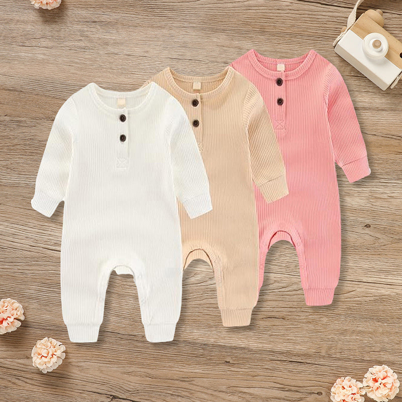 3-Pack Baby Rompers – Long Sleeve Ribbed Jumpsuit with Soft Cotton Fabric & Button-Front Design for Boys & Girls