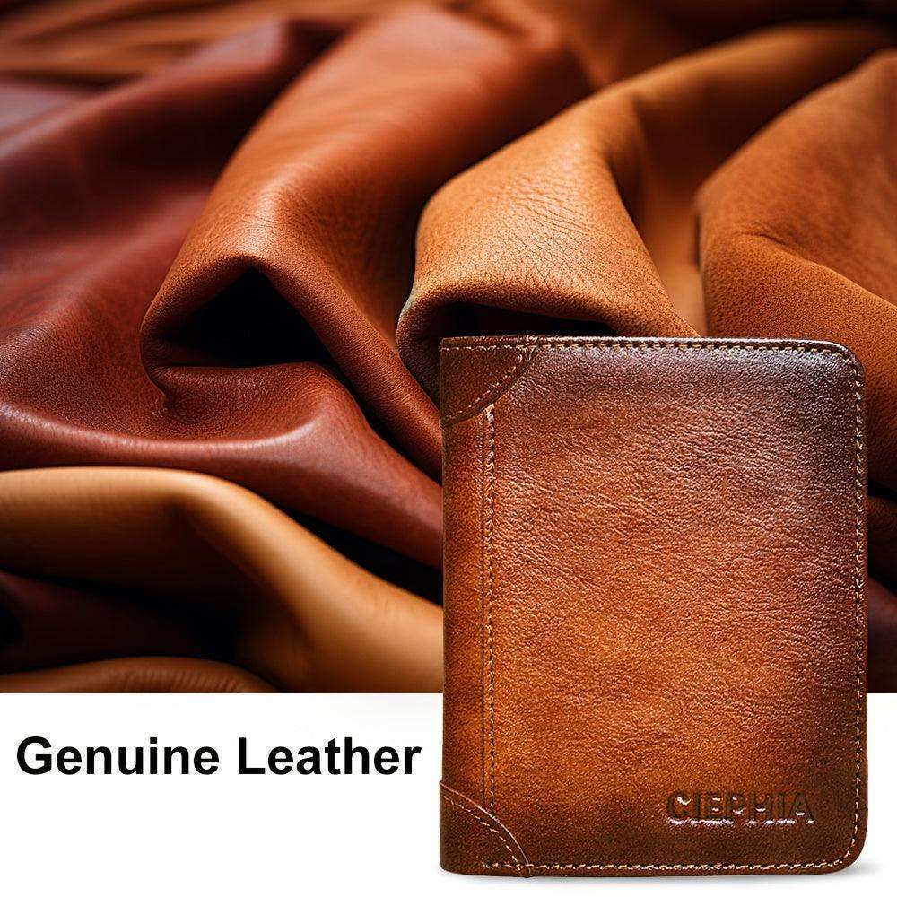 RFID Blocking Trifold Genuine Leather Wallets For Men, Top Layer Cowhide Vintage Short Multi Function Credit Card Holder, Money Clips With 2 ID Windows Valentine'S Day Gifts For Men - PulinGO