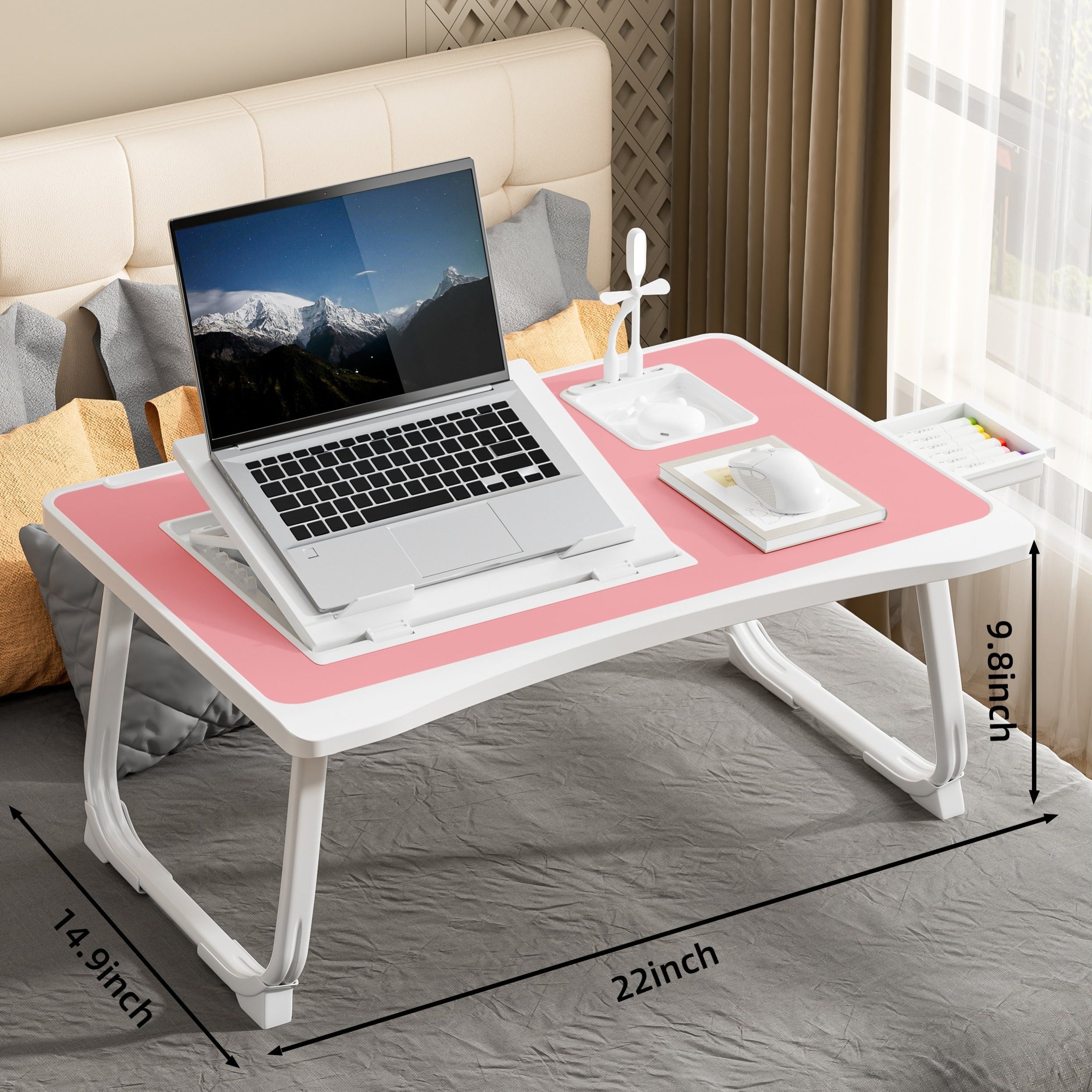 Foldable Laptop Desk for Bed or Couch – Work-from-Bed Table with Cup Holder, Drawer & Adjustable Legs