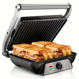 3-in-1 Electric Indoor Grill & Panini Press - 1400W Dual-Sided Non-Stick Grill with 180° Floating Hinge, Adjustable Temp (365°F-410°F), 60-Min Timer, Overheat/Quick Cook Modes & Grease Tray - Compact Black Kitchen Applianc - PulinGO