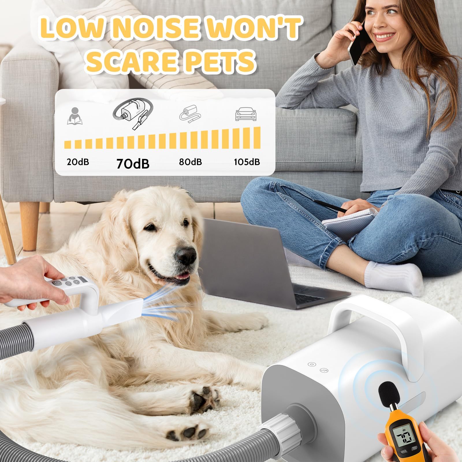 4-in-1 Smart Pet Hair Dryer – High-Speed 90m/s Negative Ion Grooming Dryer with Adjustable Wind Speed & Temperature for Dogs and Cats