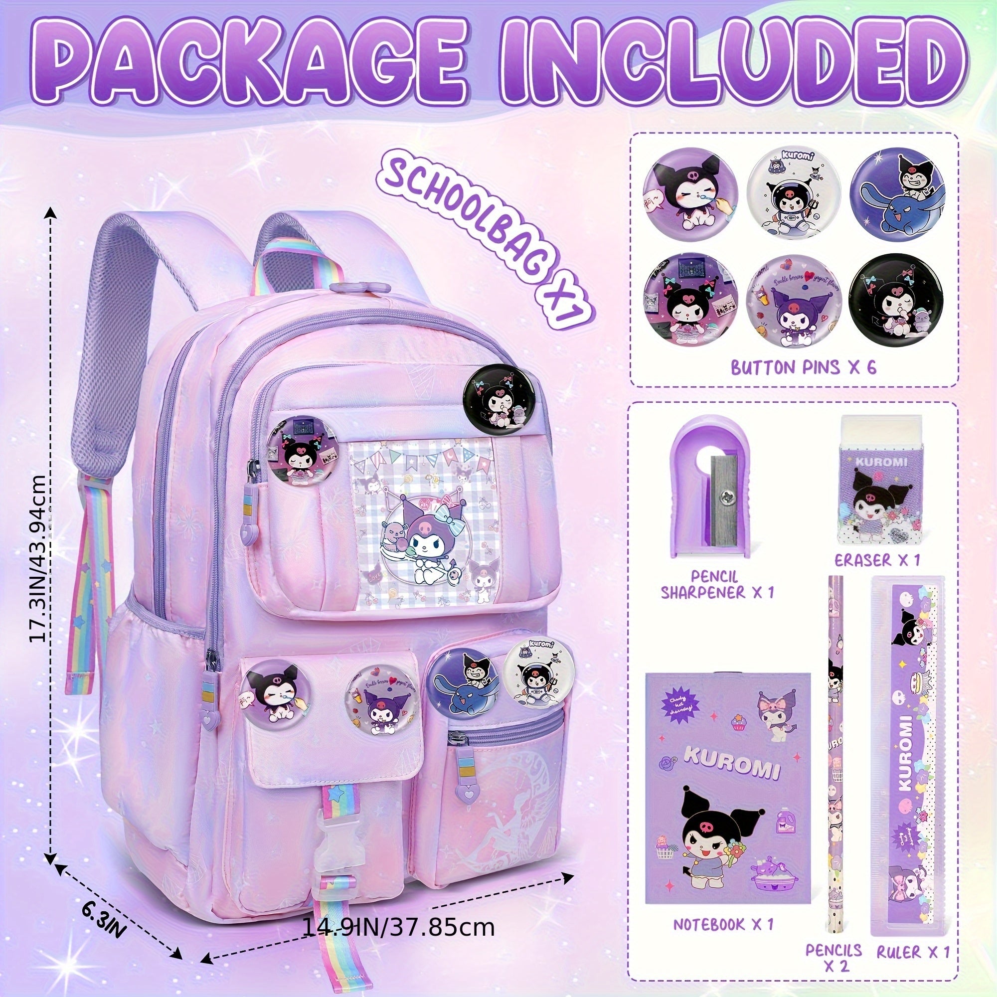 Kuromi Large‑Capacity Backpack Set – Purple Edition for Kids & Teens + 6 Badge Pins, Stationery Set & Plush Charm