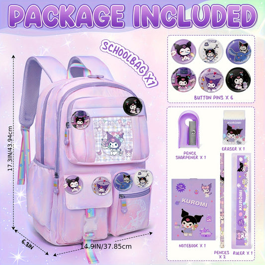Kuromi Large‑Capacity Backpack Set – Purple Edition for Kids & Teens + 6 Badge Pins, Stationery Set & Plush Charm