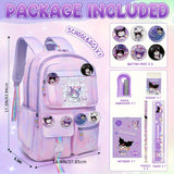 Kuromi Large‑Capacity Backpack Set – Purple Edition for Kids & Teens + 6 Badge Pins, Stationery Set & Plush Charm