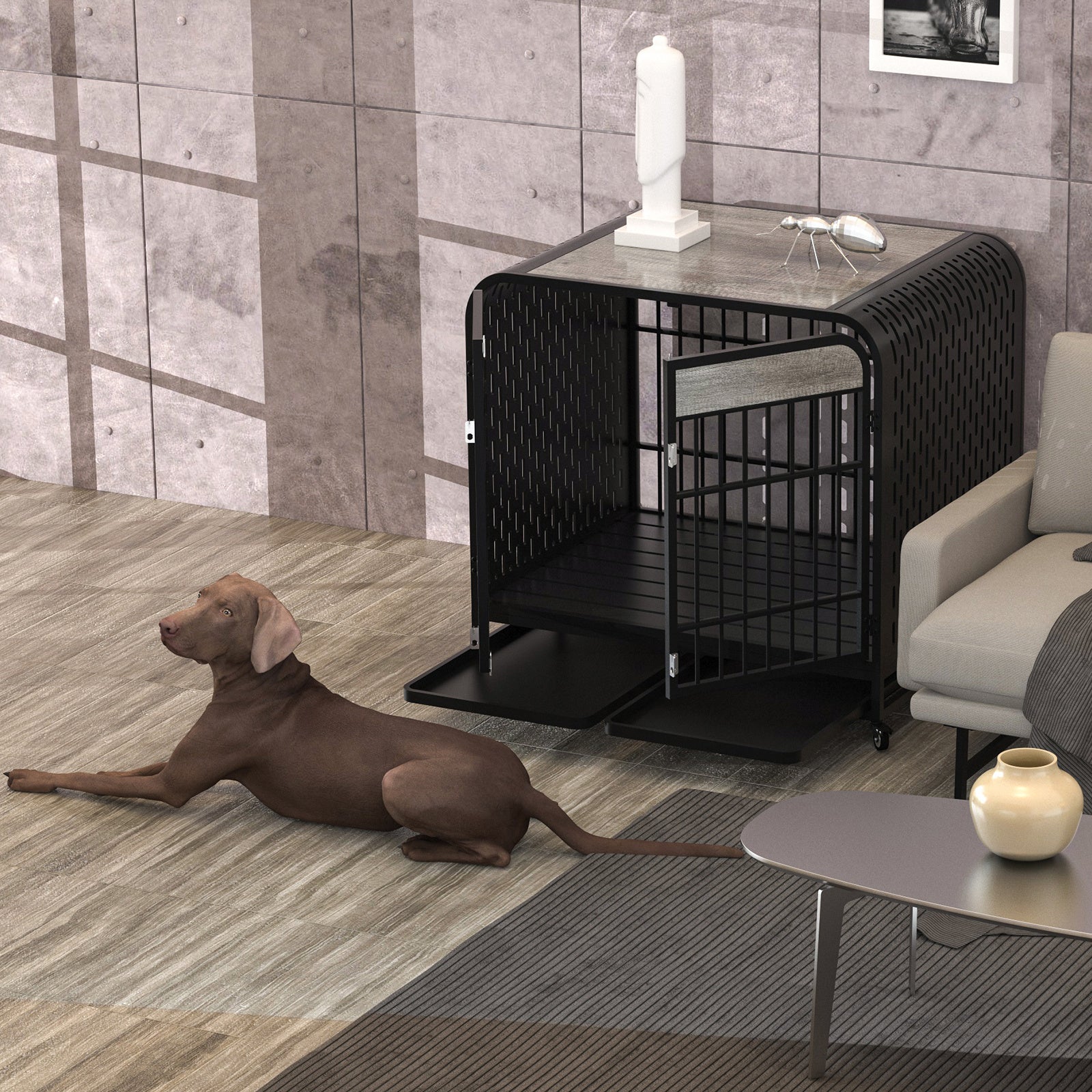 42" Heavy-Duty Dog Crate Furniture – Grey Wood-Top Kennel with Metal Frame