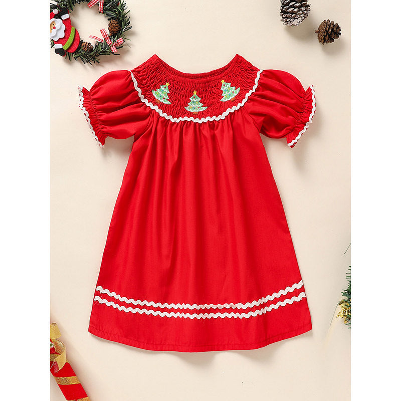 Toddler & Infant Girl Christmas Dress – Smocked Christmas Tree Embroidery Short Sleeve Party Outfit