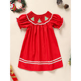 Toddler & Infant Girl Christmas Dress – Smocked Christmas Tree Embroidery Short Sleeve Party Outfit