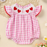 Newborn Baby Girls Valentine’s Day Romper ❤️ Plaid Heart Embroidery with Ruffle Sleeves 👶