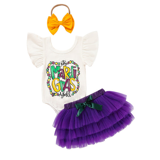 Baby Girl Mardi Gras Outfit 🎭 Ruffle Sleeve Bodysuit + Mesh Tutu Skirt + Hairband Set