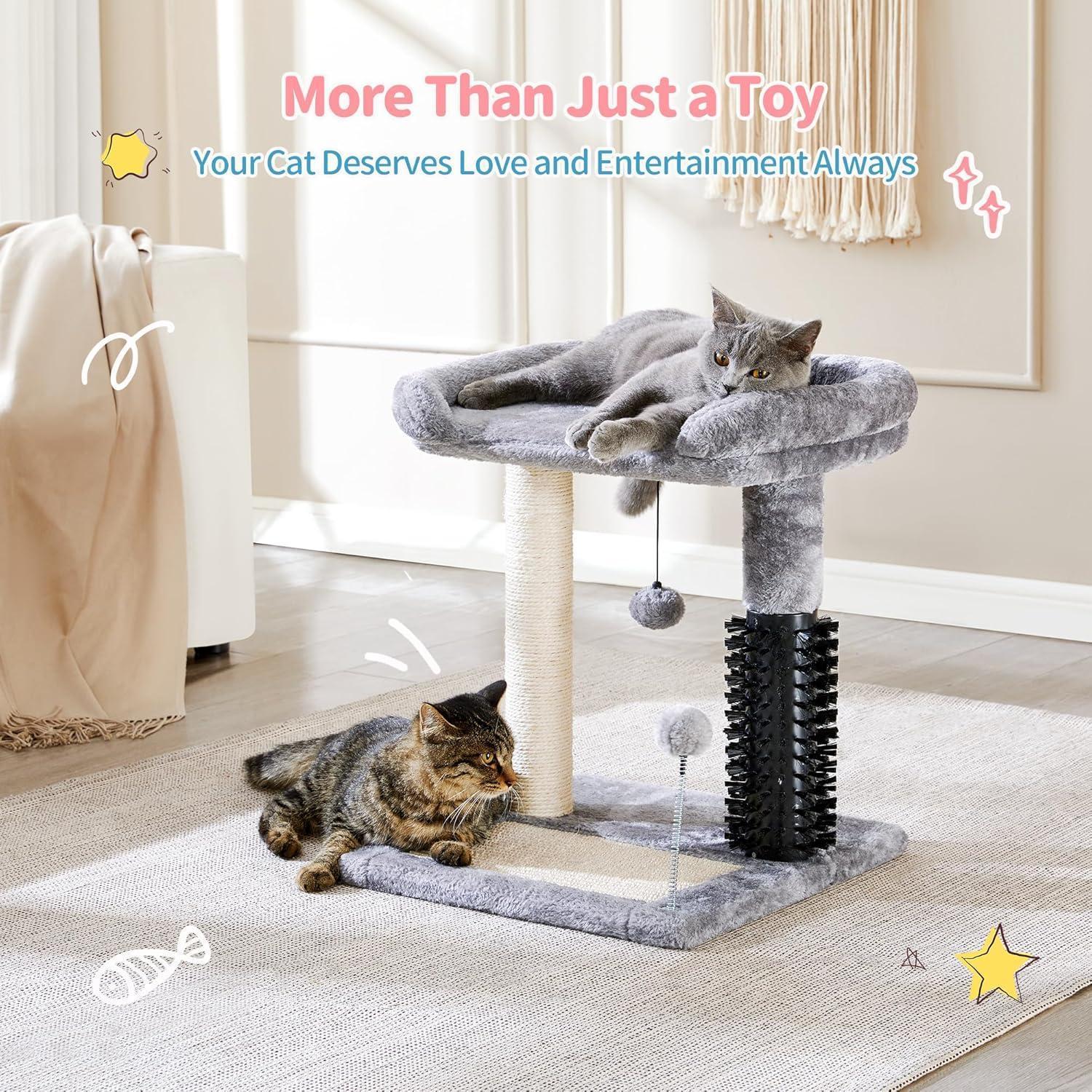 Small 4-in-1 Cat Tree Tower – Self-Grooming Brush, Sisal Scratching Post, Soft Plush Bed & Hanging Ball for Kittens