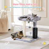 Small 4-in-1 Cat Tree Tower – Self-Grooming Brush, Sisal Scratching Post, Soft Plush Bed & Hanging Ball for Kittens