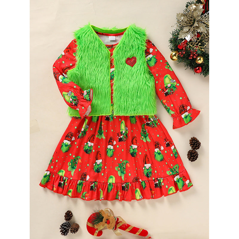Toddler Kids Baby Girl Christmas Dress Set – Long Sleeve Cartoon Print Party Dress with Heart Print Vest Coat, Cute Holiday Outfit