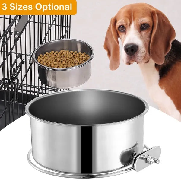 Detachable Pet Cage Food & Water Bowl with Clamp Holder – Stainless Steel Feeding Cup for Dogs, Cats & Small Animals