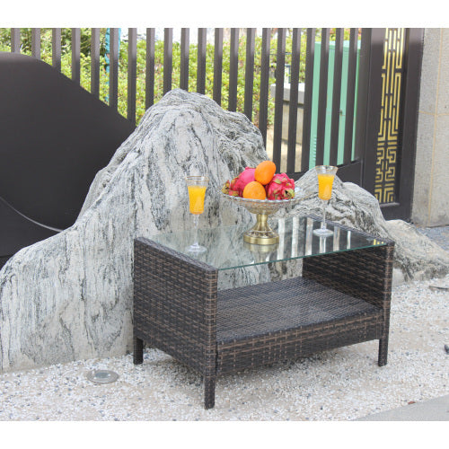 All-Weather Wicker Patio Coffee Table with Glass Top - Outdoor Rattan Center Table