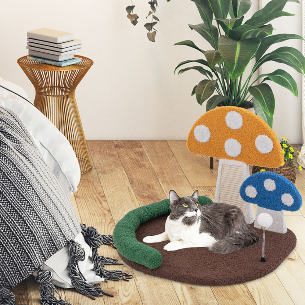 Mushroom Cat Bed with Wide Platform and Sisal Scratch Panel