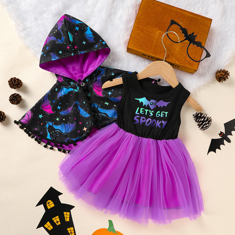 Little Girls 2PCS Halloween Outfit – Sleeveless Tulle Dress with Hooded Cloak Costume Set
