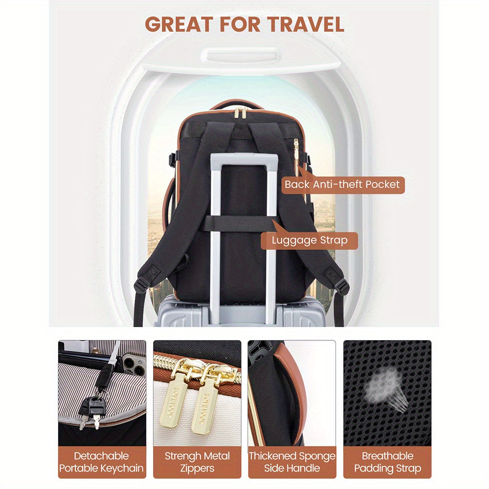 Lovevook Women’s Quilted Travel Backpack – 10.57 gal Capacity, Multi-Compartment Carry-On with 17.3″ Laptop Sleeve (Black/White/Brown)