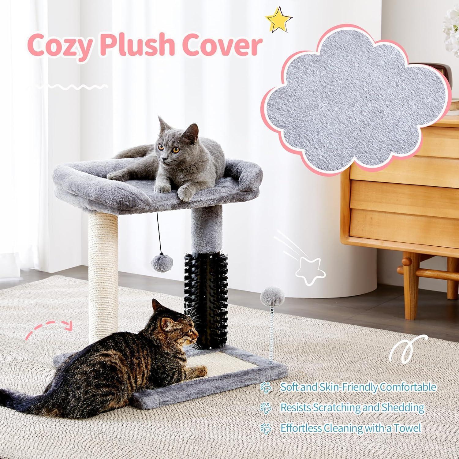 Small 4-in-1 Cat Tree Tower – Self-Grooming Brush, Sisal Scratching Post, Soft Plush Bed & Hanging Ball for Kittens