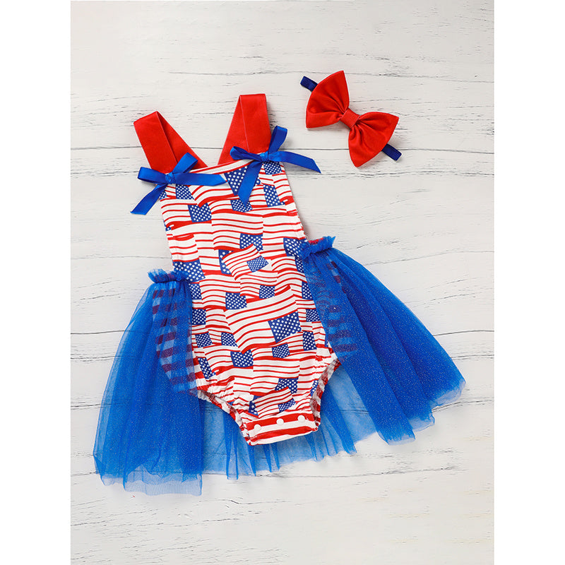 Baby’s Independence Day Flag Romper 🇺🇸 Sleeveless Triangle Bodysuit w/ Bowknot 🎀