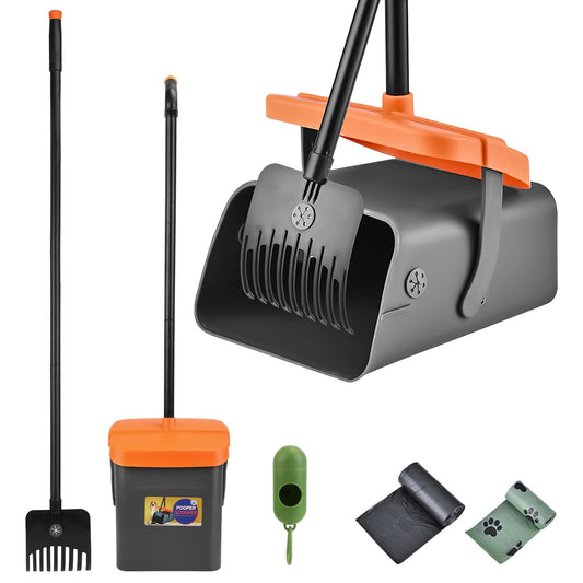Heavy-Duty Pooper Scooper Kit – Extra-Long Rake & Swivel Bin with 35 Waste Bags & Dispenser
