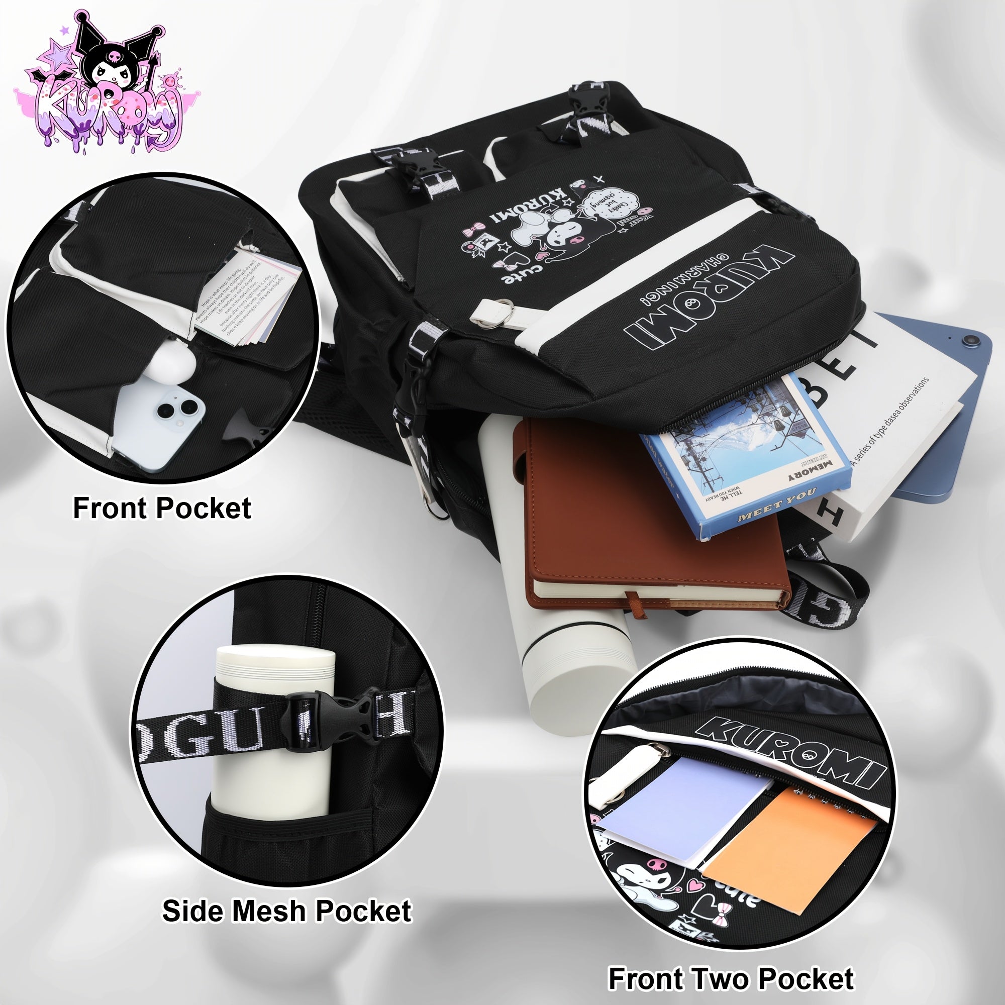 SANRIO Kuromi Anime Backpack with Pendant Charm – High-Quality Nylon Laptop Bag (Fits 15″) for School, Travel & Hiking 🎒