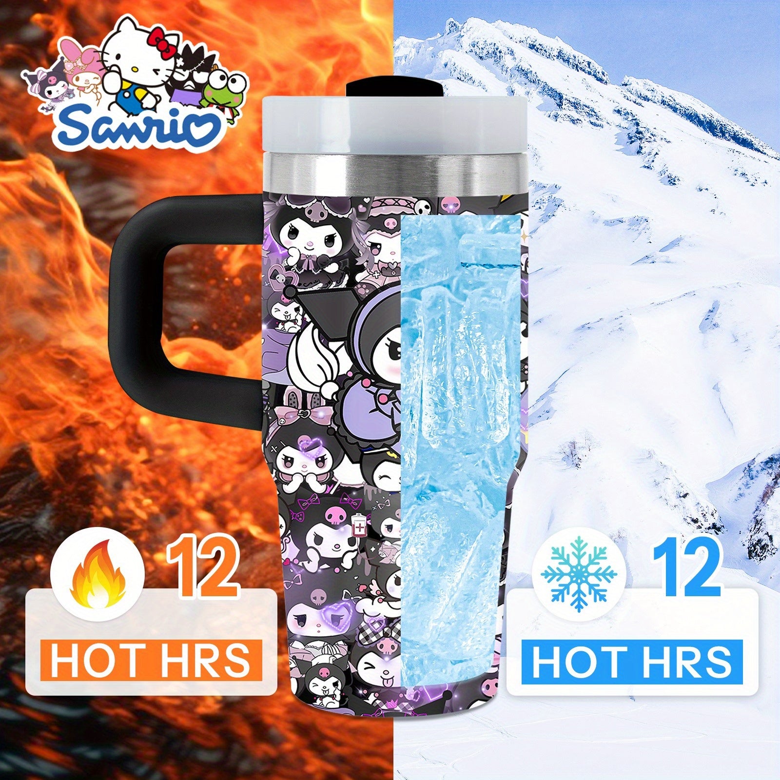 Sanrio Kuromi 14 oz Stainless-Steel Insulated Water Bottle with Handle & Straw – BPA-Free, Perfect Gift for Family & Friends