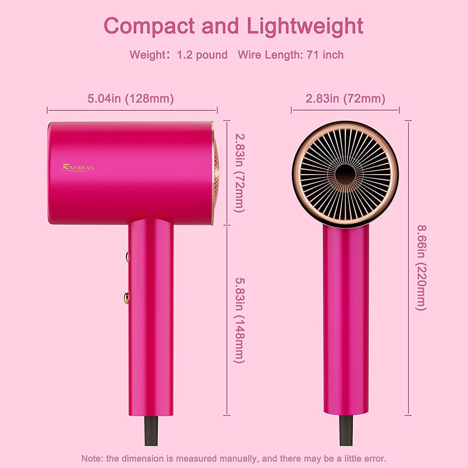 1800W Ionic Hair Dryer with Magnetic Nozzle - Powerful, Low-Noise Blow Dryer for Fast, Frizz-Free Drying