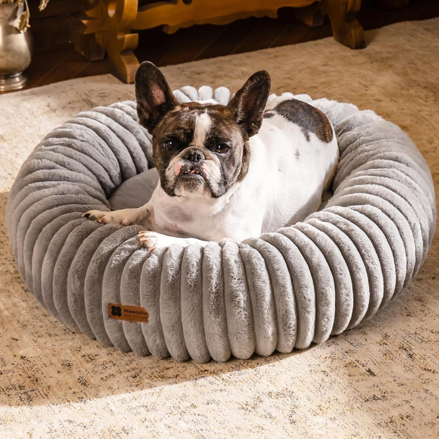 Mewoofun Donut Cat Bed – Grey 23" Washable Round Fluffy Calming Pet Bed with Non-Slip Bottom for Cats, Kittens & Puppies