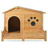 48" Wooden Dog House with Porch – Outdoor/Indoor Kennel with Water-Resistant Asphalt Roof, Fencing & Paw Print Design