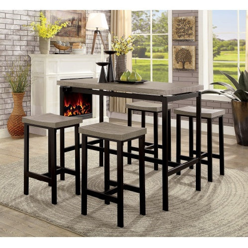 5‑Piece Counter Height Dining Table Set – Two‑Tone Black & Gray PVC Top with 4 Cushioned Chairs