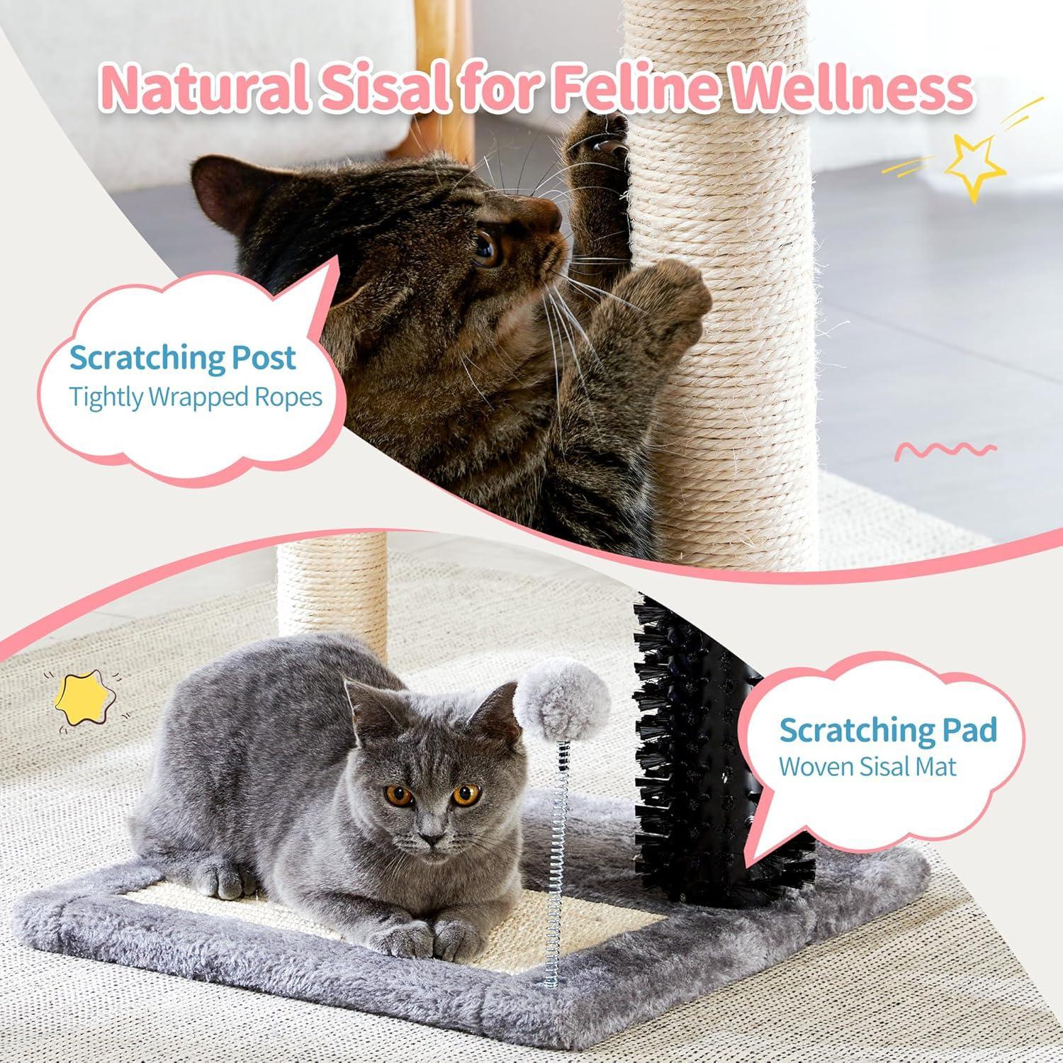 Small 4-in-1 Cat Tree Tower – Self-Grooming Brush, Sisal Scratching Post, Soft Plush Bed & Hanging Ball for Kittens