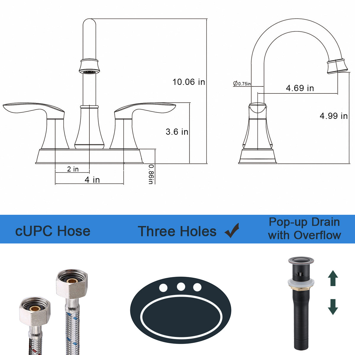 2‑Handle 4‑Inch Oil Rubbed Bronze Bathroom Faucet – Elegant Centerset Design with Pop‑Up Drain & Hoses