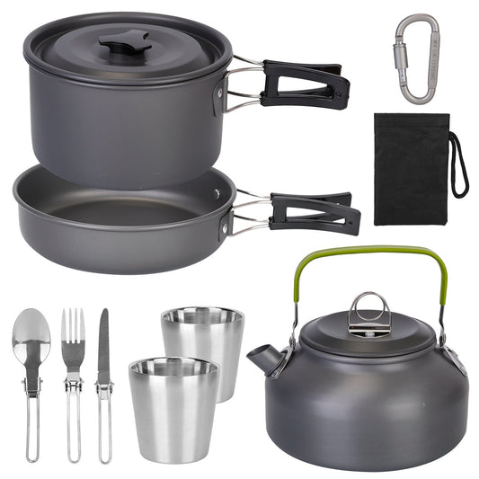 12-Piece Aluminum Camping Cookware Set – Pot, Kettle, Pan & Utensils with Storage Bags for Hiking & Picnics