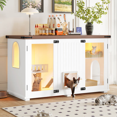 47.25″ Large Cat Litter Box Enclosure with LED Light – Hidden Cat House with Stairs, Scratching Post & Smart Doors (White)