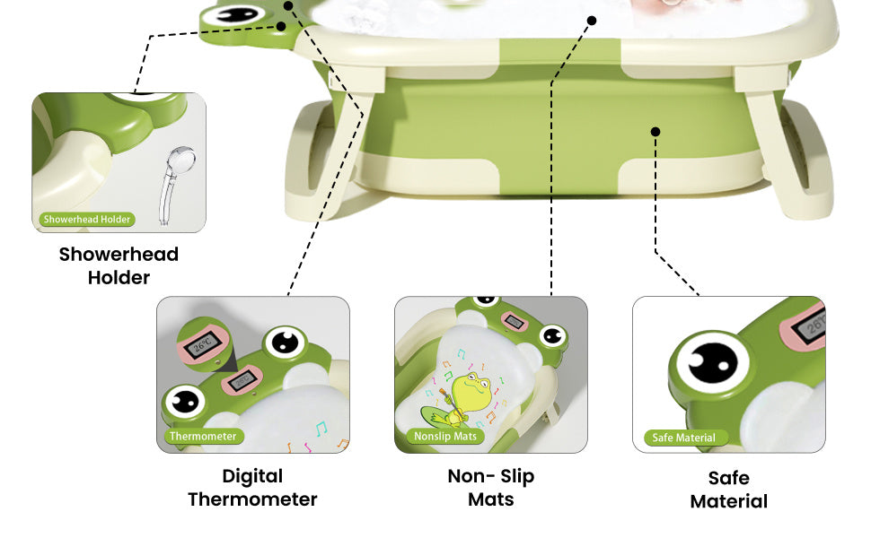 Collapsible Baby Bathtub with Cushion & Thermometer – Foldable Portable Tub (Green)
