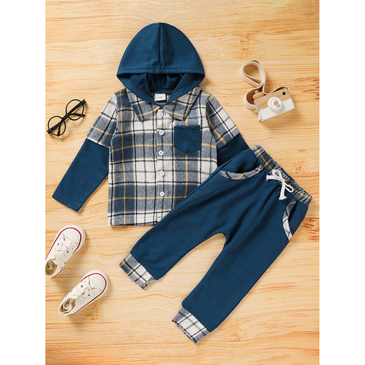 Toddler Baby Boy Plaid Long Sleeve Hoodie & Pants – 2PCS Fall Winter Outfit Set