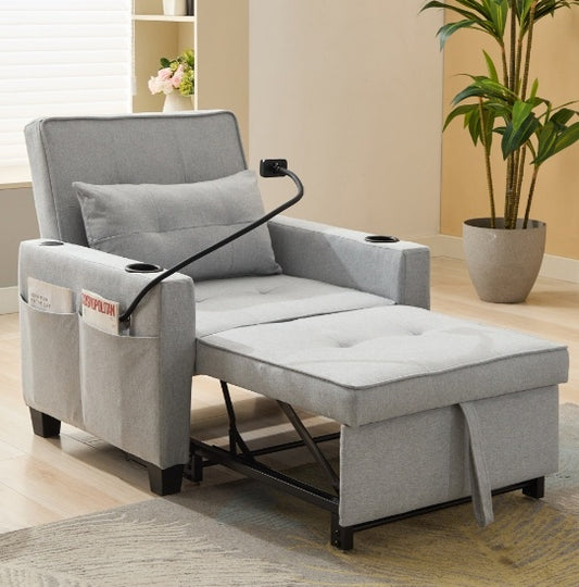 3-in-1 Convertible Sleeper Chair Bed with USB Ports - Pull-Out Futon Armchair (Grey)