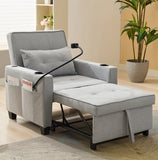 3-in-1 Convertible Sleeper Chair Bed with USB Ports - Pull-Out Futon Armchair (Grey)