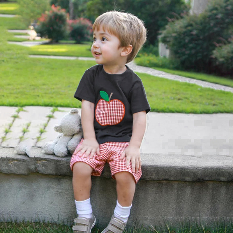 Toddler Baby Boy Back to School Outfit – Summer Appliqué T-Shirt & Red Gingham Shorts 2PCS Set