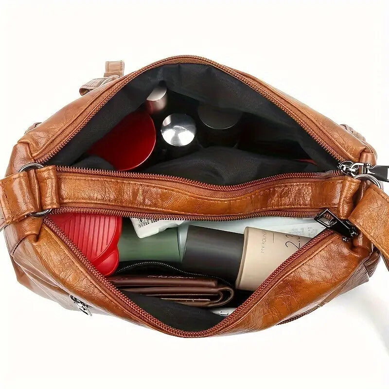 Women’s Large Capacity Shoulder Bag – Washed Leather Messenger with Multi Zipper Design