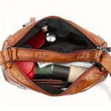Women’s Large Capacity Shoulder Bag – Washed Leather Messenger with Multi Zipper Design