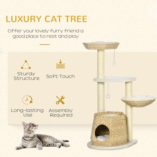 PawHut 47" Cat Tree – Kitty Activity Center with Fluff Bed, Condo, Sisal Scratching Post & Hanging Ball, Natural