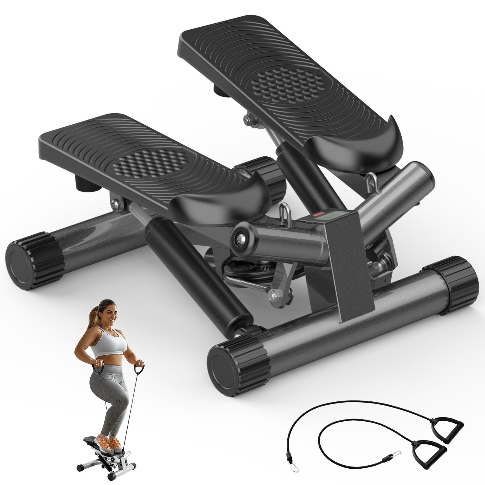 Mini Stepper with Resistance Bands - Compact Stair Stepper Machine with LCD Monitor for Full Body Workout
