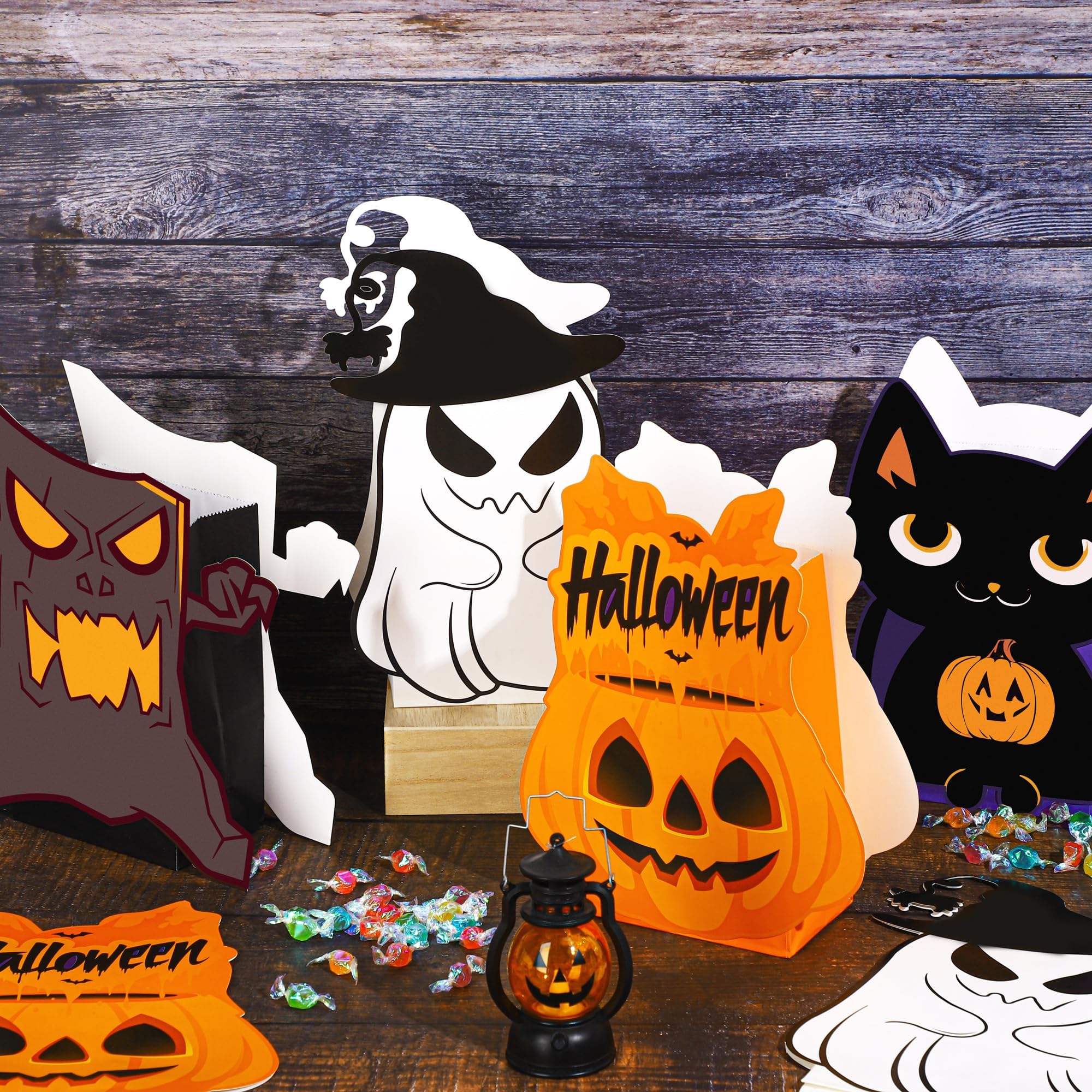 MIMIND 12 Pieces Halloween Party Favor Bags Gift Bags Pumpkin Ghost Black Cat, Stump of Oak Tree Halloween Treat Goodie Bag for Trick or Treat, Holiday Birthday Party Favors