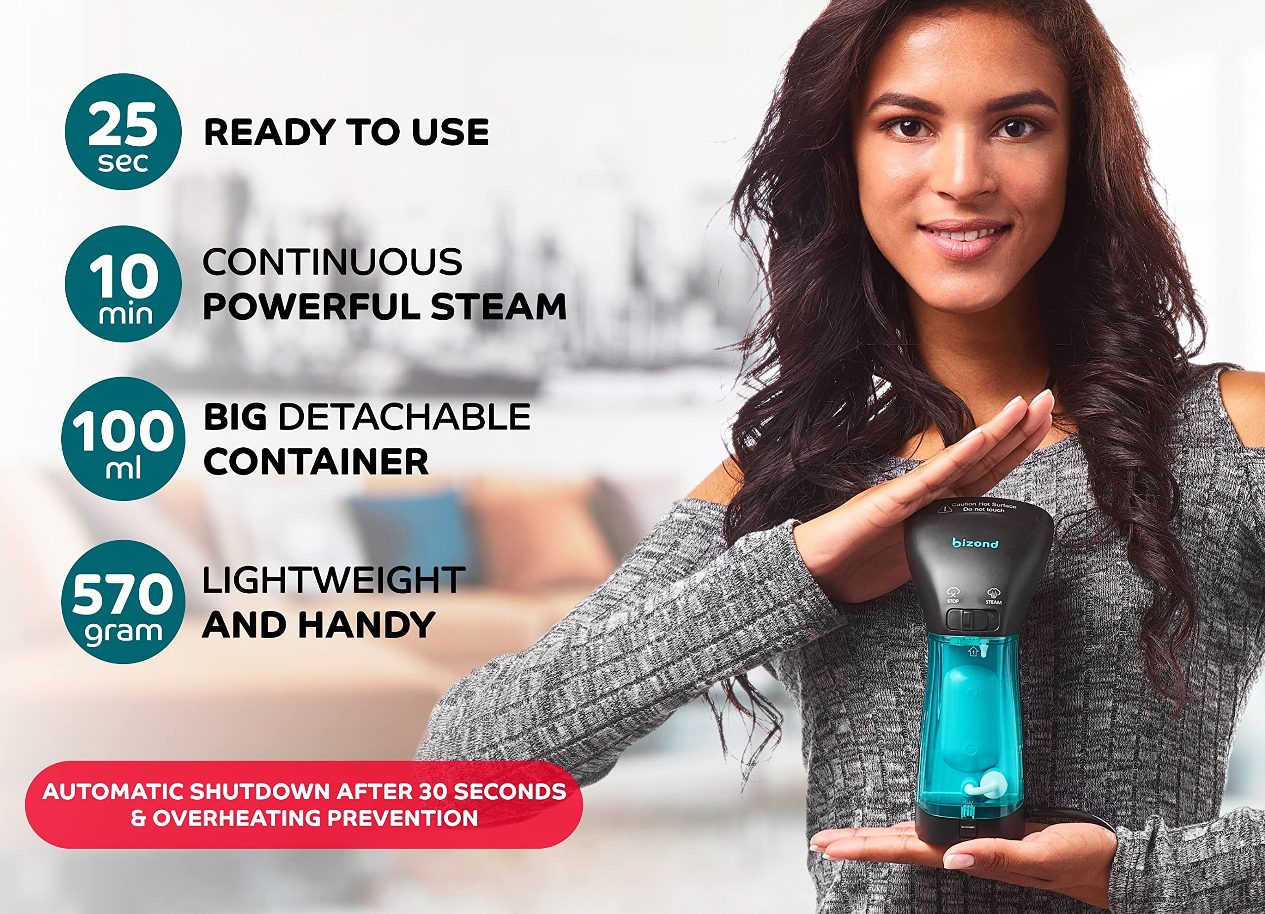 BIZOND Compact Handheld Garment Steamer with Nano Filter, Leakproof Travel Wrinkle Remover for Clothes