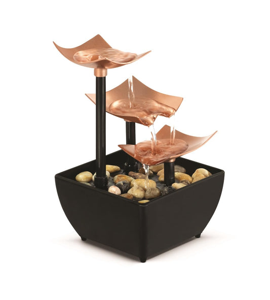 Golden 3-Tier Tabletop Water Fountain with Leaf Tiers & Ambient Lighting (Golden)