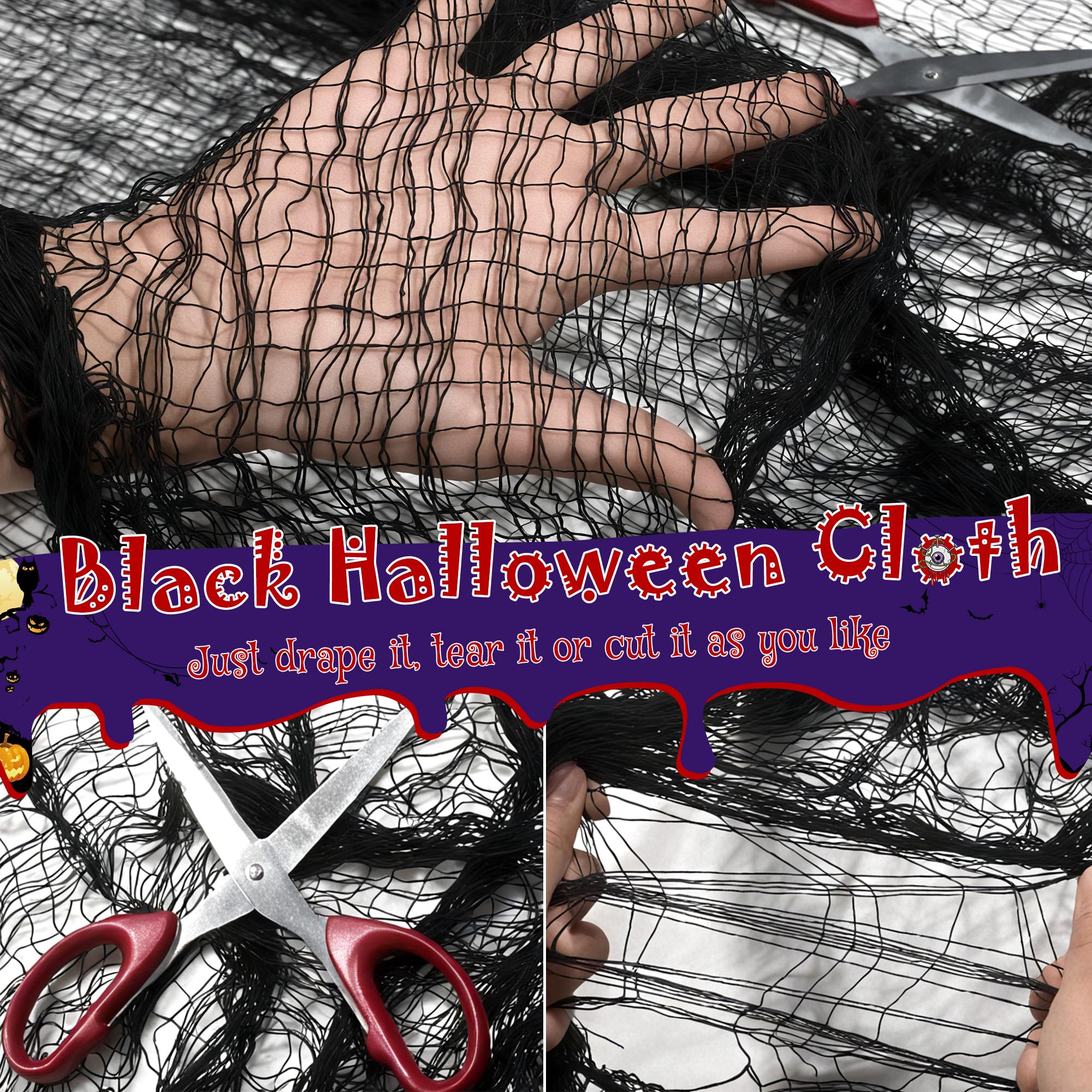 Halloween LED String Lights with Black Creepy Cloth – 50 LEDs Orange & Purple Lights, 8 Modes, Timer, Battery Powered (79 x 31 in)