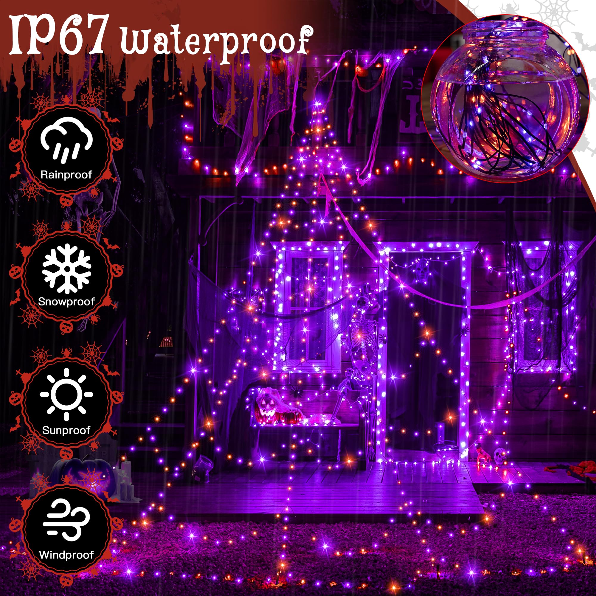 Halloween Spiderweb Lights – 266 LED Orange & Purple Outdoor Web with Remote, 8 Modes & Timer (9.8ft, IP67 Waterproof)
